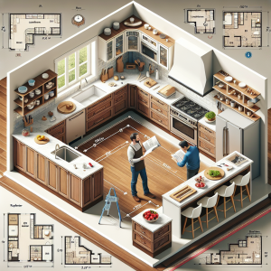 An instructional guide on the optimal U-shaped kitchen layout. The scene features various kitchen elements such as cabinets, countertops, cooking range, refrigerator, and sink. The cabinets are made of polished walnut, countertops are of white marble, and stainless steel appliances are neatly integrated. A Caucasian homeowner is browsing through a cookbook on the counter, while a Hispanic handyman is measuring the distance between the appliances. Provide a top view to visualize the 'U' shape clearly. A detailed layout plan is also shown in the corner to explain spacing and placements.